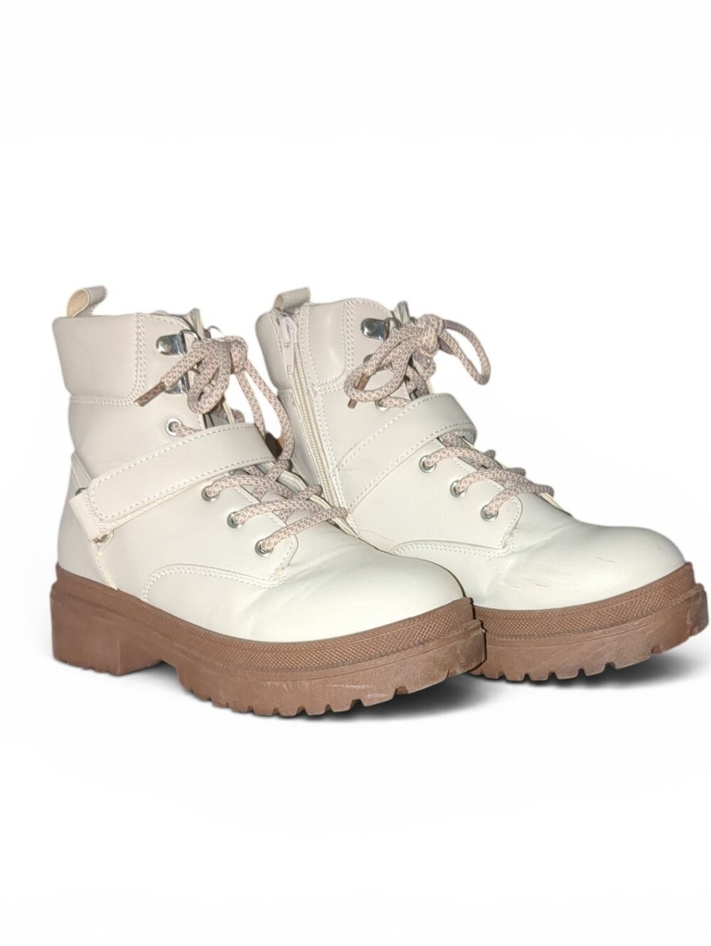 Cream Lace-Up Combat Boots with Brown Sole Size 6